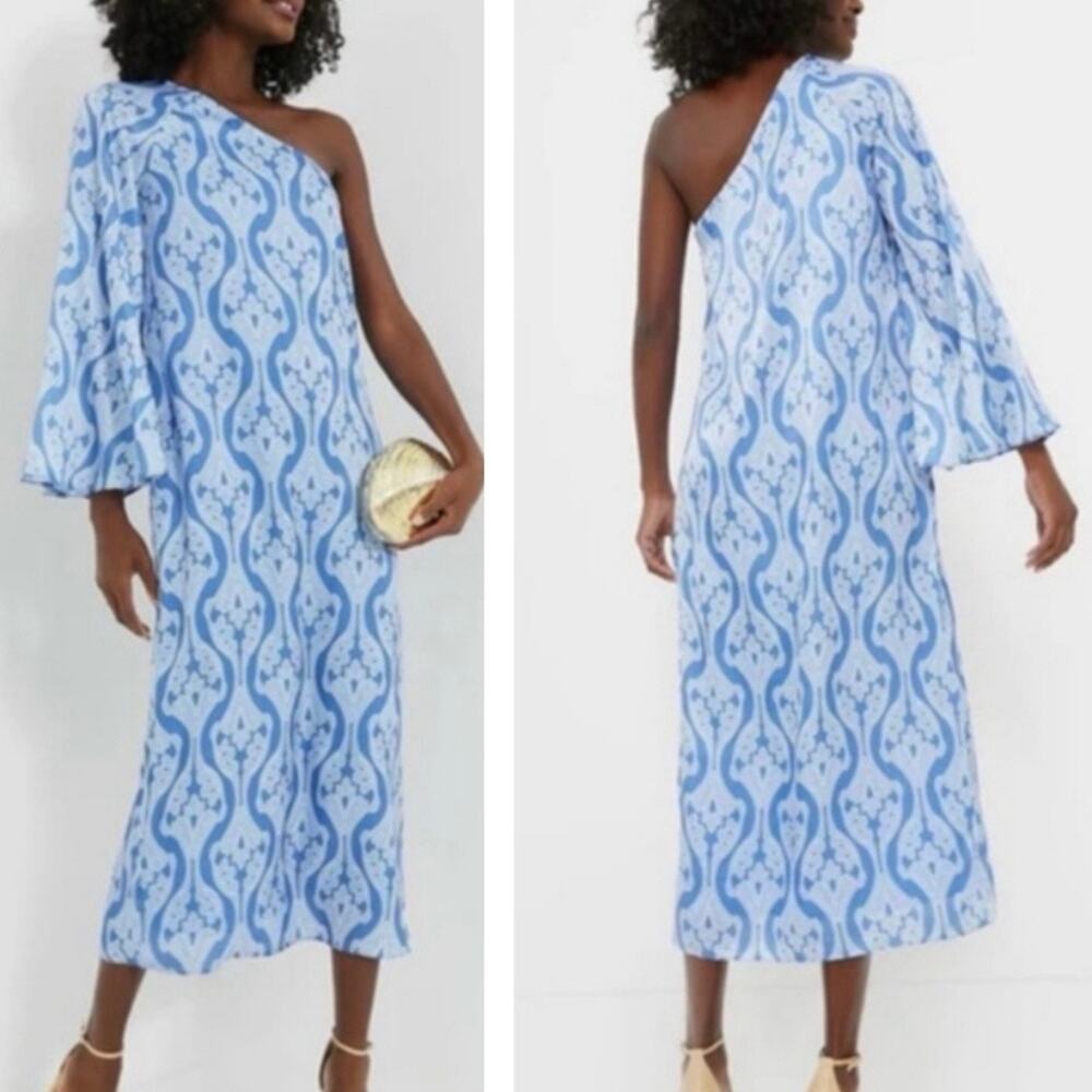 Tuckernuck Hyacinth House Luna Blue One Shoulder Satin Midi Dress - size Large